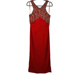 Vintage Beaded Womens Large Red Gold Ball Gown Mardi Gras Prom Formal